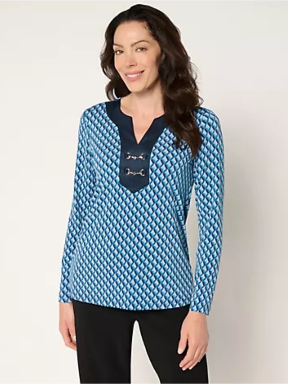 Susan Graver Liquid Knit & Faux Suede Top Blue/Navy NWT Size 1X Silver Hardware
